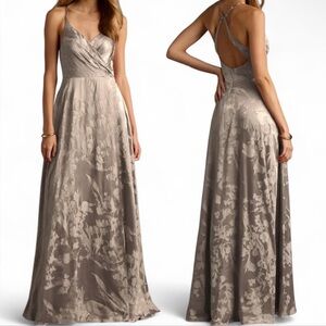NWT AZAZIE Gabrielle Taupe Satin Jacquard Maxi Dress Formal Bridesmaid Prom Sz 8